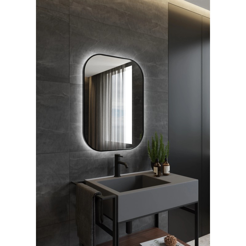 Lustro Clar prostokątne z zaokrąglonymi rogami w czarnej ramie i oświetleniem LED